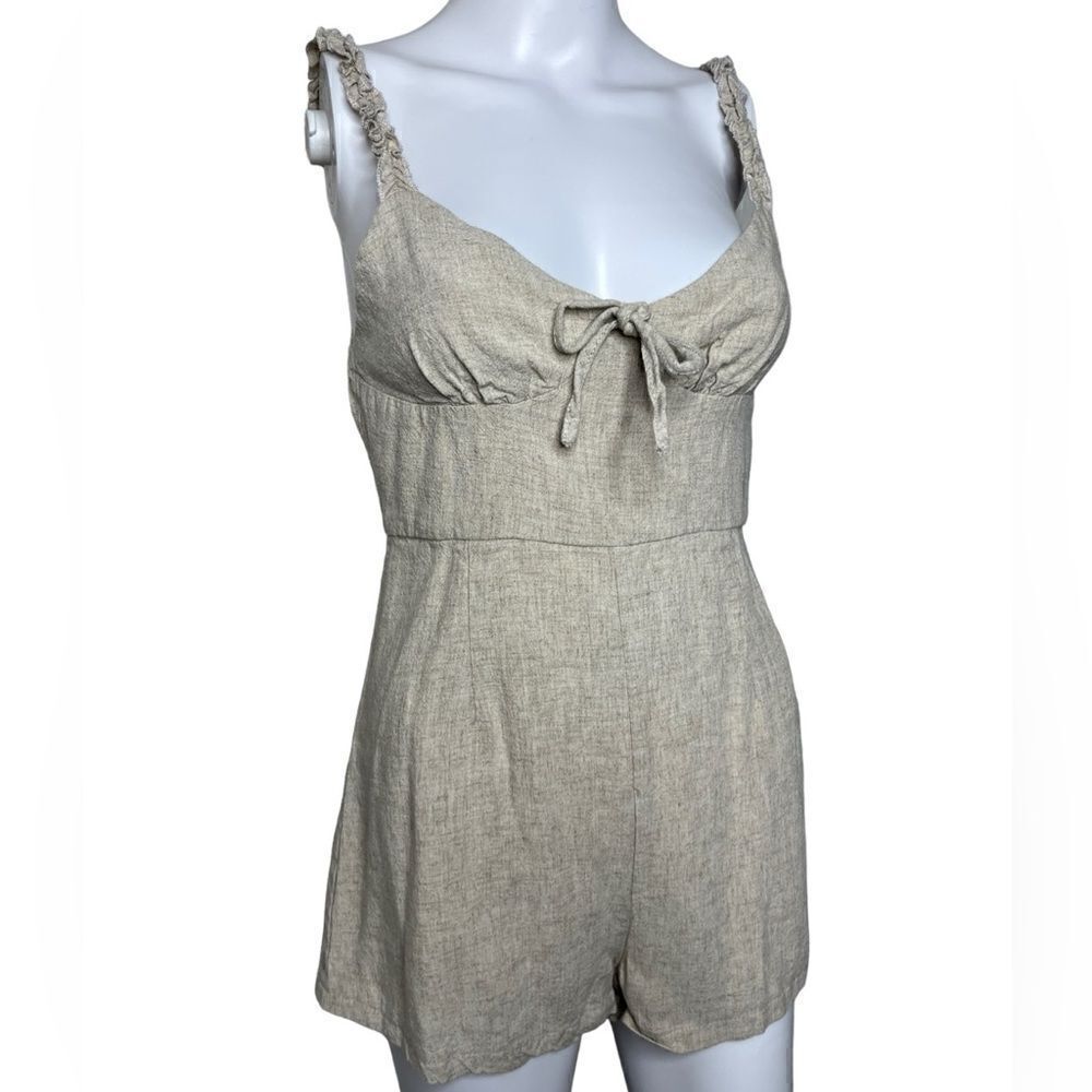 Morning Mist Linen Babydoll Neckline Romper Oatmeal Cream Size Medium